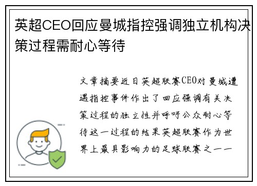 英超CEO回应曼城指控强调独立机构决策过程需耐心等待