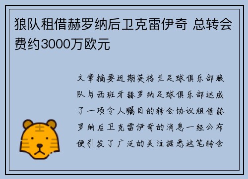 狼队租借赫罗纳后卫克雷伊奇 总转会费约3000万欧元